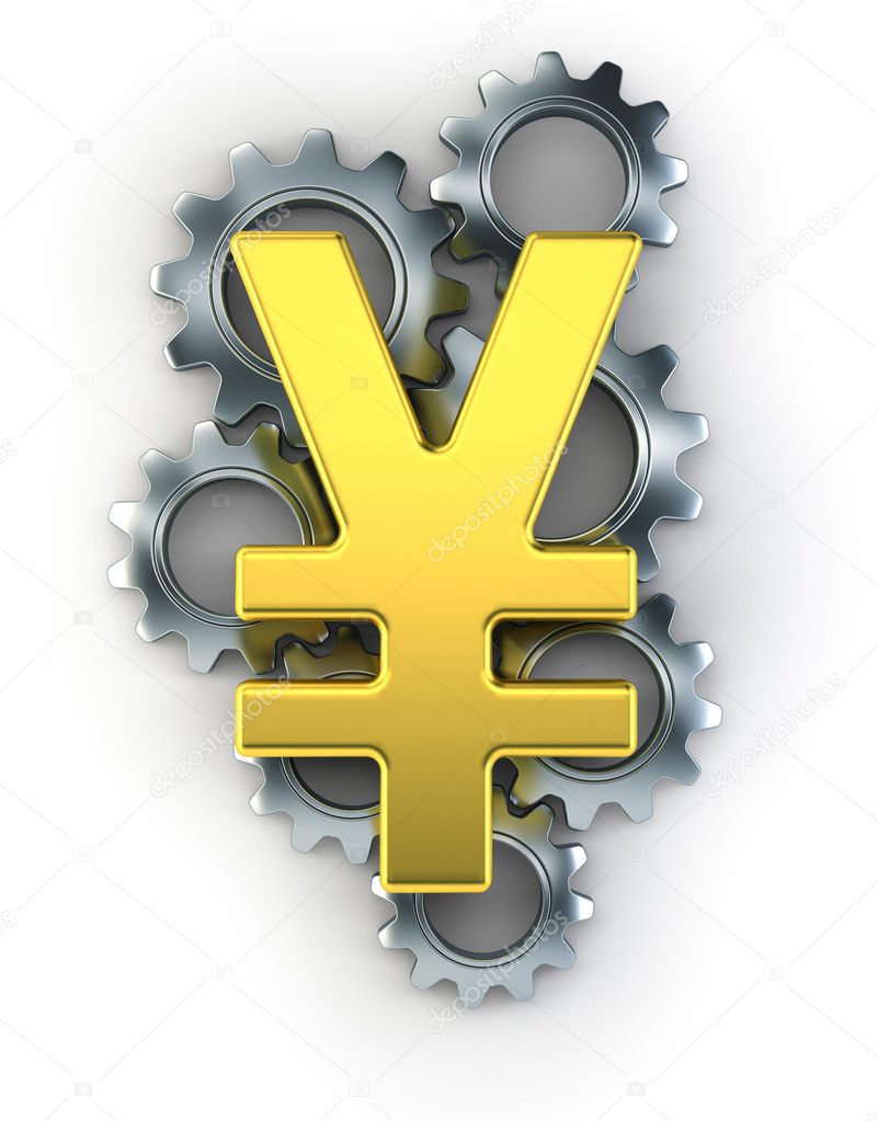 Yen sign on top of cogs