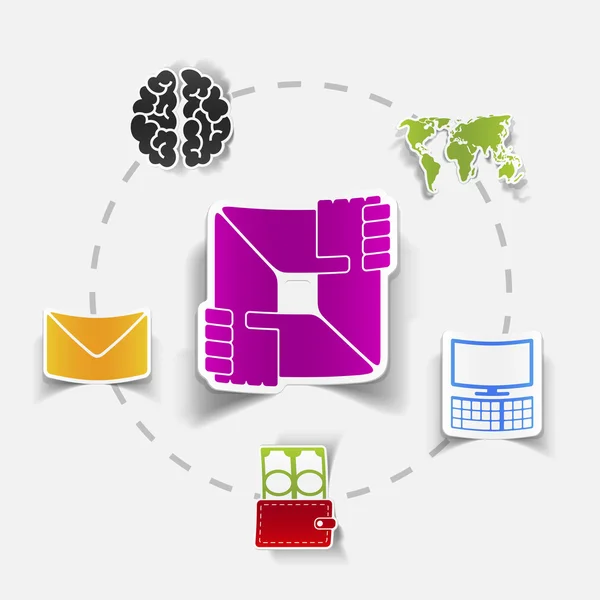 Concept social : enveloppe, ordinateur, cerveau, portefeuille — Image vectorielle