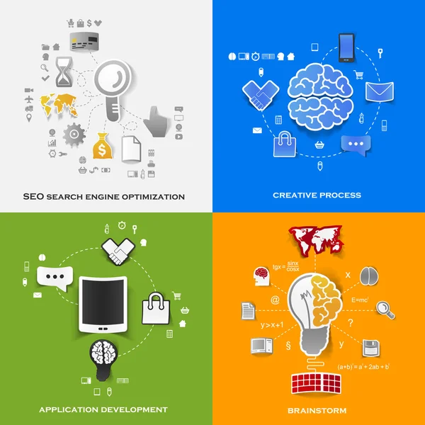 Uppsättning av moderna klistermärken. begreppet sökmotoroptimering, kreativ process, applikationsutveckling, brainstorm. vektor eps10 illustration — Stock vektor