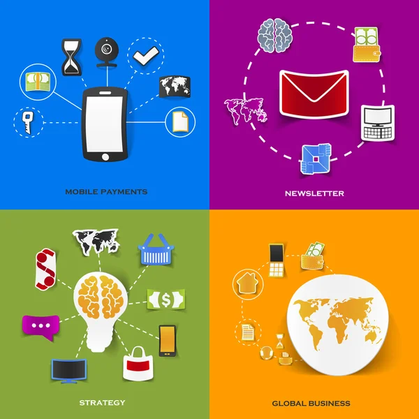 Uppsättning av moderna klistermärken. begreppet mobila betalningar, nyhetsbrev, strategi, global affärsverksamhet. vektor eps10 illustration — Stock vektor