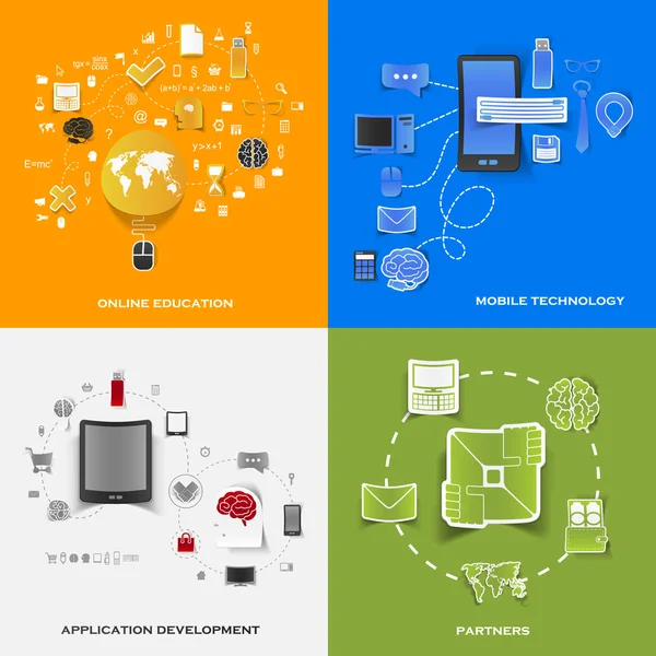 Ensemble d'autocollants modernes. Concept d'éducation en ligne, technologie mobile, développement d'applications, partenaires. Illustration vectorielle eps10 — Image vectorielle