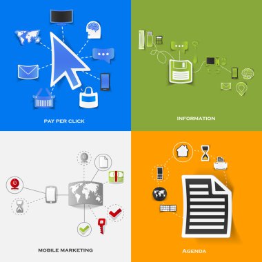 modern çıkartmaları kümesi. tıklayın, bilgi, mobil pazarlama, gündemin başına ödeme kavramı. vektör eps10 çizim