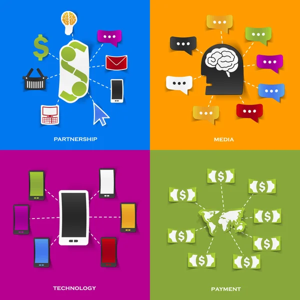 Uppsättning av moderna klistermärken. begreppet partnerskap, media, teknik, betalning. vektor eps10 illustration — Stock vektor