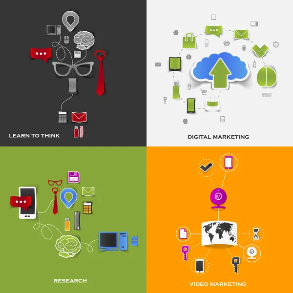 Set van moderne stickers. Concept van leren denken, digitale marketing, onderzoek, video marketing. Vector eps10 illustratie — Stockvector