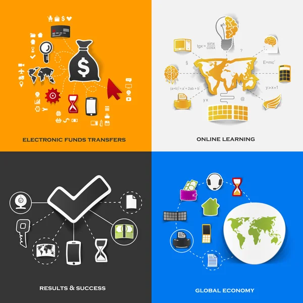 Uppsättning av moderna klistermärken. begreppet elektroniska penningöverföringar, e-lärande, resultat & framgång, global ekonomi. vektor eps10 illustration — Stock vektor