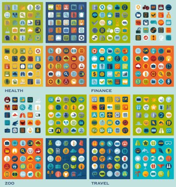 set of flat icons: health, finance, zoo, travel clipart
