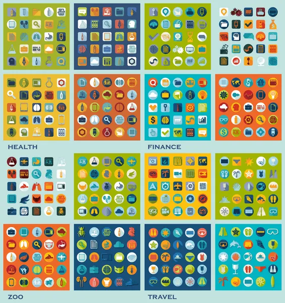 Set of flat icons: health, finance, zoo, travel — Stock Photo, Image