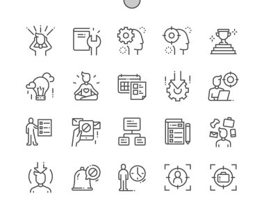 Konsantrasyon. Odaklanmış zihin. Günlük görevler, meditasyon, ilham. İşine odaklan. Piksel Mükemmel Vektör İnce Çizgi Simgeleri. Basit Asgari Resim Grafiği