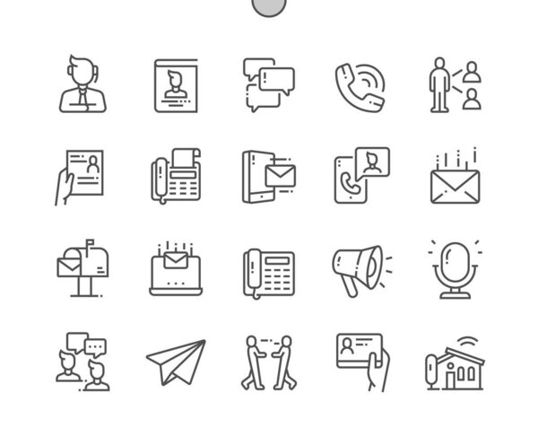 Связь. Чат-пузырь. Обслуживание клиентов. Почтовый ящик и видеозвонок. Контактная форма. Тонкие векторные иконки. Минимальная пиктограмма