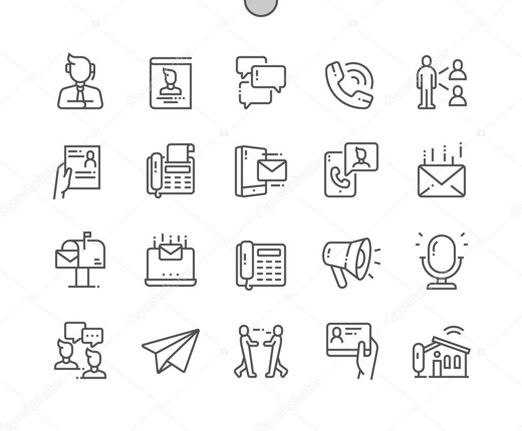 Contact communication. Chat bubble. Customer service. Mail box and video call. Contact form. Pixel Perfect Vector Thin Line Icons. Simple Minimal Pictogram
