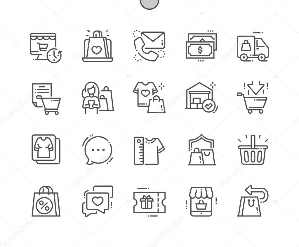 Online store. Delivery, contact, faq, reviews and catalog. Dropshipping. Add to basket. Online shop. Pixel Perfect Vector Thin Line Icons. Simple Minimal Pictogram
