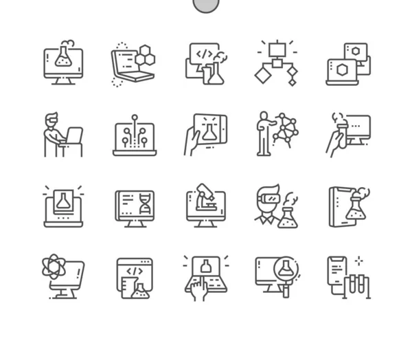 Computer science. Microscope, algorithms and virtual reality. Innovation, engineering and technology. Online chemistry. Pixel Perfect Vector Thin Line Icons. Simple Minimal Pictogram — Stock Vector