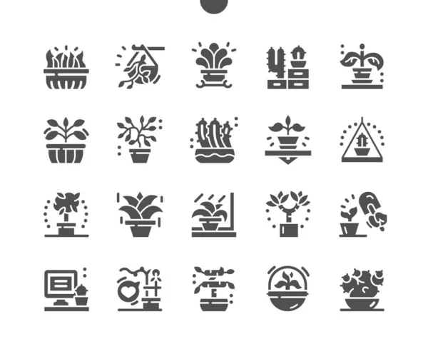 Plantas en macetas. Hierba maceta. Flor favorita. Cactus. Jardinería y decoración del hogar. Vector Solid Icons. Pictograma simple — Vector de stock