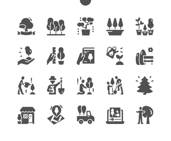 Árboles. Tipos de plántulas. Bosque y parque. Riego y jardinero. Libro sobre el cultivo de árboles. Proteger los árboles. Vector Solid Icons. Pictograma simple — Archivo Imágenes Vectoriales