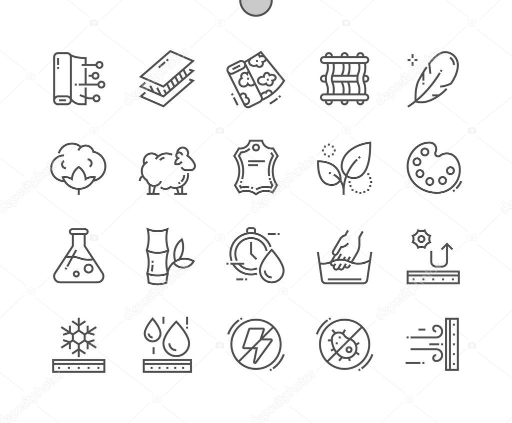 Fabric features. Decorative textile. Cotton, wool, bamboo, leather and color. Eco materials. Water and snow proof. Pixel Perfect Vector Thin Line Icons. Simple Minimal Pictogram
