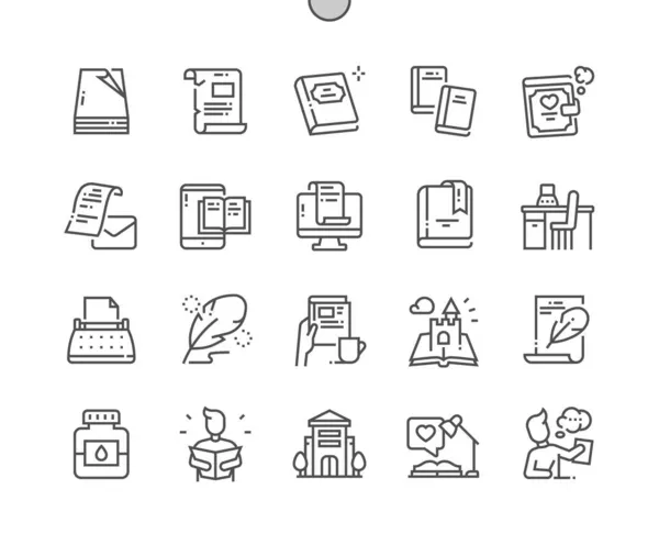 Literature. Paper, letter, scroll, book and diary. Novel, manuscript and story. Favourite literature. Library. Pixel Perfect Vector Thin Line Icons. Simple Minimal Pictogram — Stock Vector