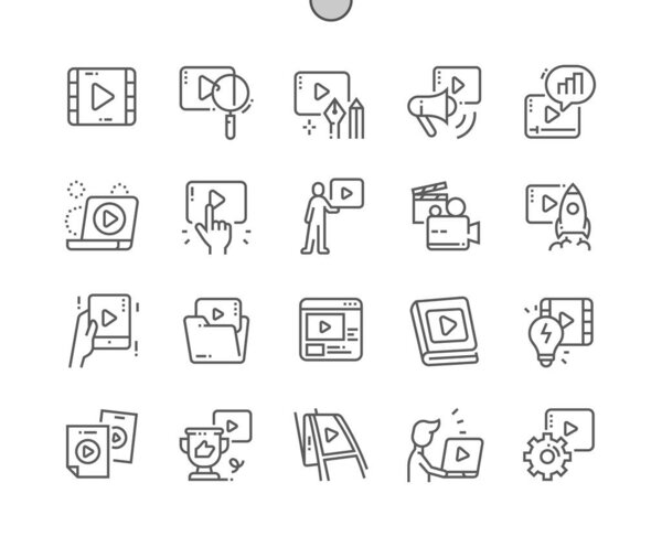 Видео контент. Игры, медиа, развлечения, стриминг, социальные сети, блоги. Видео производство. Тонкие векторные иконки. Минимальная пиктограмма