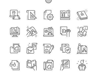 Teknik dokümanlar. Endüstriyel, bilgi, mekanik, evrak ve belge. Teknik dosya. İşçi. Piksel Mükemmel Vektör İnce Çizgi Simgeleri. Basit Asgari Resim Grafiği