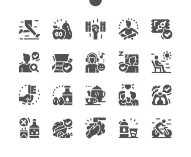 Sağlıklı bir hayat. Koşu, spor ve meditasyon. İyi uykular. Kötü alışkanlık yok. Kilo kontrolü, meyve ve sebzeler. Vektör Katı Simgeleri. Basit Resim Grafiği