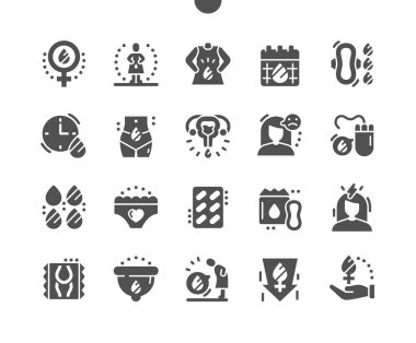 Regl. Kişisel hijyen. Adet bardağı. Duygusal değişimler. Kadın, kız, kadınsı ve samimi. Sağlık hizmetleri. Vektör Katı Simgeleri. Basit Resim Grafiği