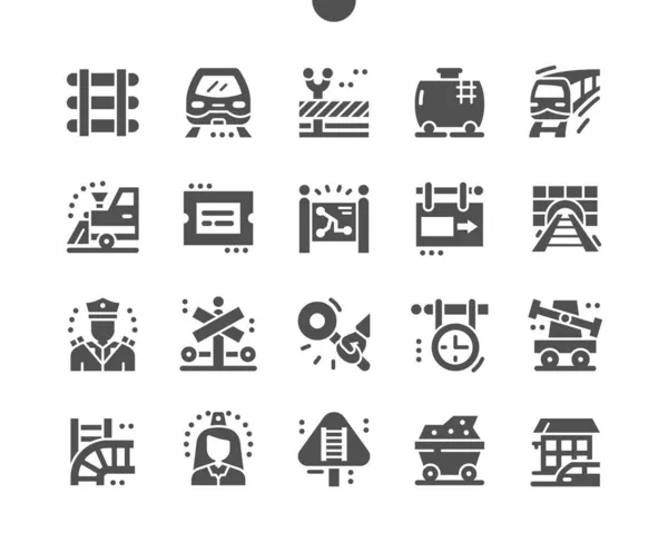 Railway. Signs at railway station. Train and locomotive. Direction, way, vehicle, railroad, transport, subway and road. Vector Solid Icons. Simple Pictogram — Stock Vector