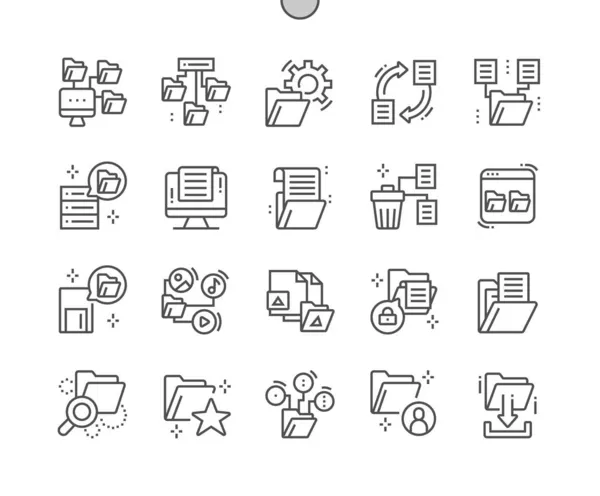 Organizing file. Folder settings. Delete files. Administrator data. Paper, office, archive and paperwork. Pixel Perfect Vector Thin Line Icons. Simple Minimal Pictogram — Stock Vector