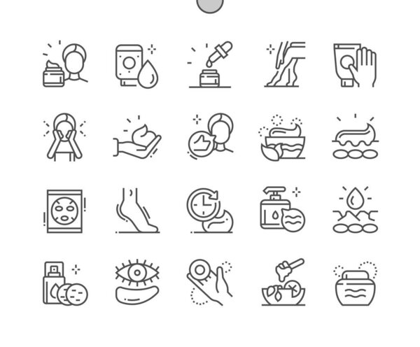 Косметический уход за кожей. Снятие макияжа. Красота и натуральная косметика. Крем от морщин. Повязка на глаз. Тонкие векторные иконки. Минимальная пиктограмма