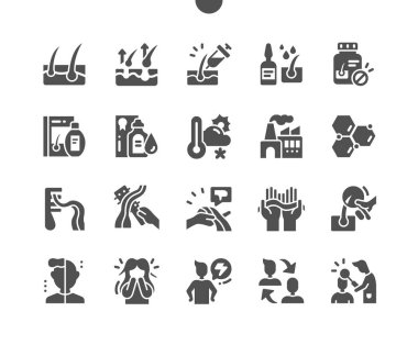 Saç dökülmesi. Hormonal değişiklikler. Dermatolog. Vitamin ve saç için enjeksiyon. Sağlık, sağlık ve ilaç. Vektör Katı Simgeleri. Basit Resim Grafiği