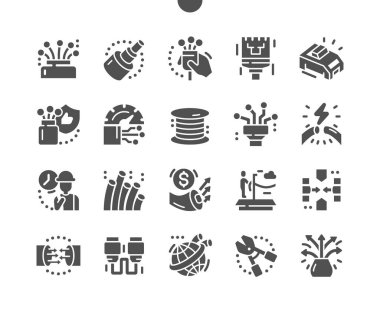 Optik fiber. Hizmet. Ağ ve teknoloji. Kablo, striptizci ve bobin. Kaynak makinesi. Hızlı internet hızı. Vektör Katı Simgeleri. Basit Resim Grafiği