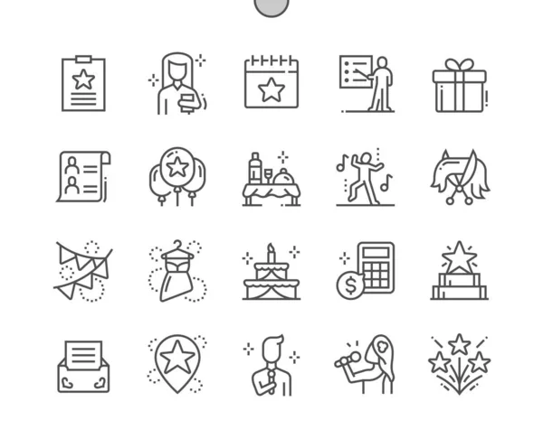 Event management. Budget und Einladungsliste. Organisation, Planung und Diskussion. Dekoration der Veranstaltung. Betriebsferien. Pixel Perfect Vector Thin Line Icons. Einfaches minimales Piktogramm — Stockvektor