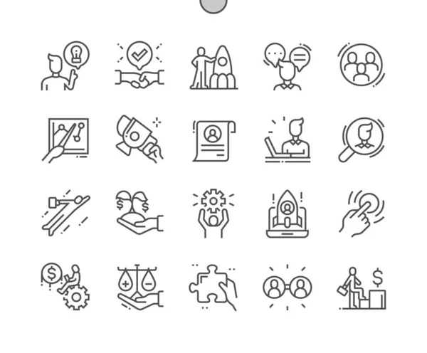Startup people. Launch of project. Advantages and disadvantage. Key audience. Go to success. Pixel Perfect Vector Thin Line Icons. Simple Minimal Pictogram —  Vetores de Stock