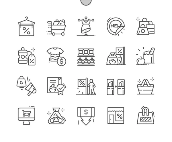 Retail. New product. Candy in bag. Product with discount. Store, shop and marketing. Pixel Perfect Vector Thin Line Icons. Simple Minimal Pictogram — Vetor de Stock