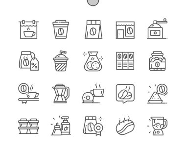 Kahve dükkanı. Kaliteli kahve. Kafe, restoran, servis, barista, kafeterya. Kahve fincanı. Öğütücü. Piksel Mükemmel Vektör İnce Çizgi Simgeleri. Basit Asgari Resim Grafiği