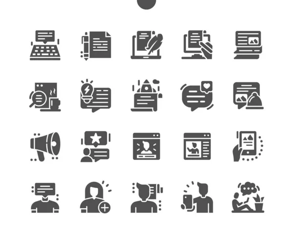 Een blog. Inhoud zoeken. Streaming, rating, profiel, gebruiker toevoegen, blogger. Communicatie en netwerk. Vector Solid Icons. Eenvoudig Pictogram — Stockvector