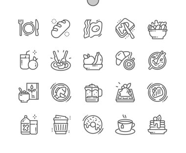 Brunch. Egg and bacon. Coffee with croissant. Steak, oatmeal, salad and other. Menu for restaurant and cafe. Pixel Perfect Vector Thin Line Icons. Simple Minimal Pictogram