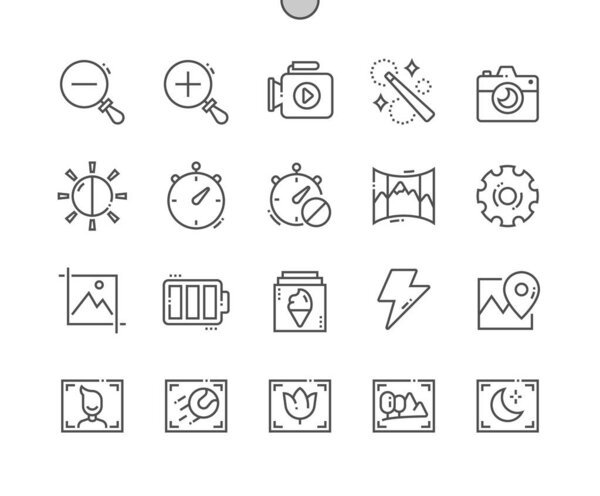 Camera interface. Zoom out. Brightness, retouch, geolocation, crop and panoramic. Portrait mode. Gallery. Pixel Perfect Vector Thin Line Icons. Simple Minimal Pictogram
