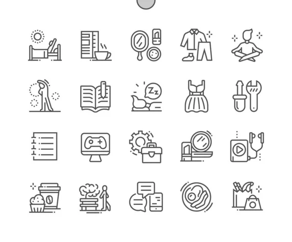 Lifestyle. Wake up and coffee. Makeup cosmetics. Walk in park. Scheduling. Meditation. Pixel Perfect Vector Thin Line Icons. Simple Minimal Pictogram — Stock Vector