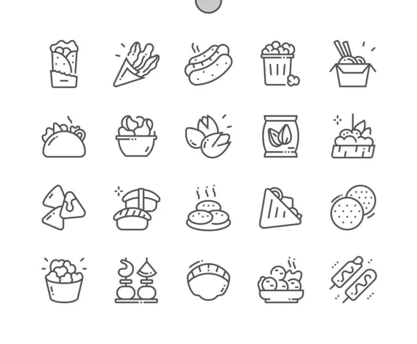 Przekąski i przekąski. Burrito, churros, karaage, corndog, falafel, bruschetta. Menu restauracji i kawiarni. Szybkie żarcie. Pixel Perfect Vector cienkie ikony linii. Prosty piktogram minimalny — Wektor stockowy