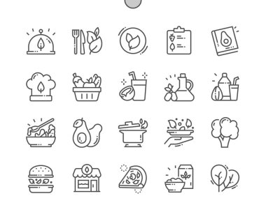 Vejetaryen. Hindistan cevizi sütü, zeytinyağı ve avokado. Yulaf ezmesi ve ıspanak. Yiyecek dükkanı, süpermarket. Restoran ve kafe menüsü. Piksel Mükemmel Vektör İnce Çizgi Simgeleri. Basit Asgari Resim Grafiği