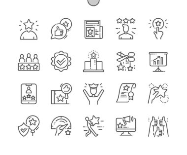 İtibar. Ünlü insanlar. Pozitif eleştiri. Marka itibarı. Beğeni. Piksel Mükemmel Vektör İnce Çizgi Simgeleri. Basit Asgari Resim Grafiği