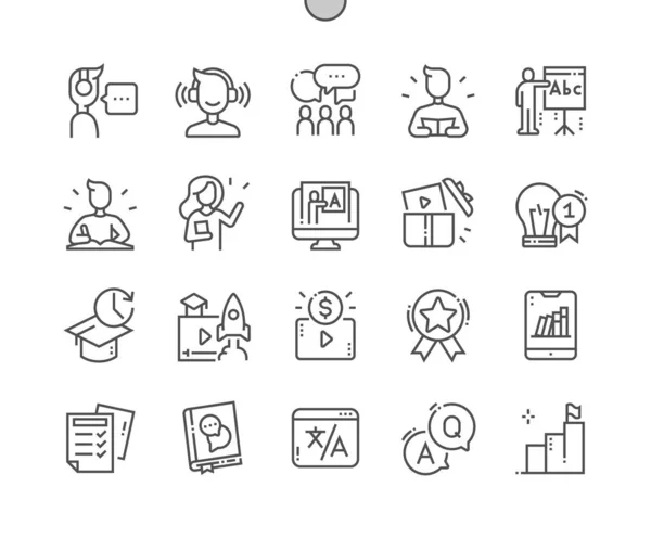 Nyelvtanulás. Online könyvtár. Fordítókönyv. A lecke ára. Olvasni, hallgatni, írni és beszélni. Pixel Tökéletes Vektor Vékony vonal ikonok. Egyszerű minimális piktogram — Stock Vector