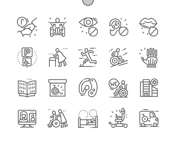 Behindertenhilfe. Rollstuhl ungültig. Rehabilitationszentrum. Rentner. Pixel Perfect Vector Thin Line Icons. Einfaches minimales Piktogramm — Stockvektor