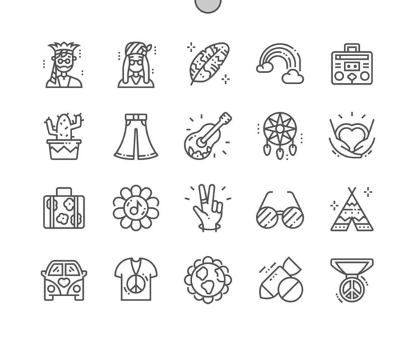 Hippies. Dreamcatcher. No war. Peace hand. Rainbow. Hippies earth. Pixel Perfect Vector Thin Line Icons. Simple Minimal Pictogram — Stock Vector