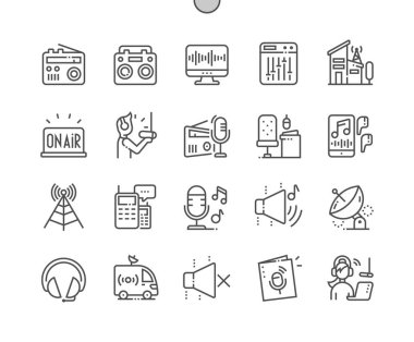 Radio. Podcast and broadcast. On air. Equalizer, satellite, headset. Pixel Perfect Vector Thin Line Icons. Simple Minimal Pictogram clipart
