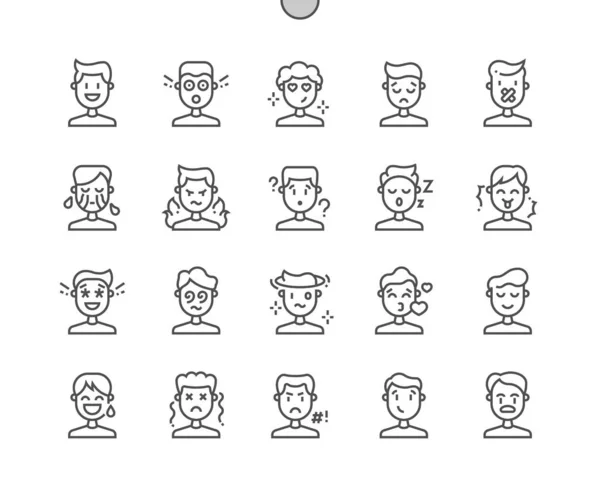 Male human emotions. Man and boy face. Disappointed, happy, confused, cursing, shocked and other. Pixel Perfect Vector Thin Line Icons. Simple Minimal Pictogram — Stock Vector
