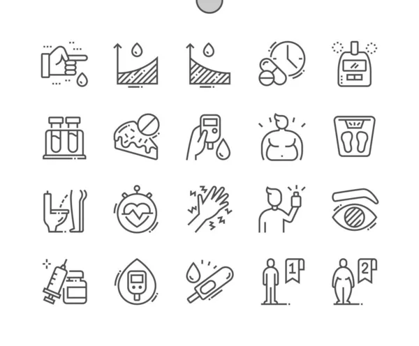 Diabetes. Blutzuckermessgerät. Bluttest. Insulin. Gesundheitswesen, Medizin und Medizin. Pixel Perfect Vector Thin Line Icons. Einfaches minimales Piktogramm — Stockvektor