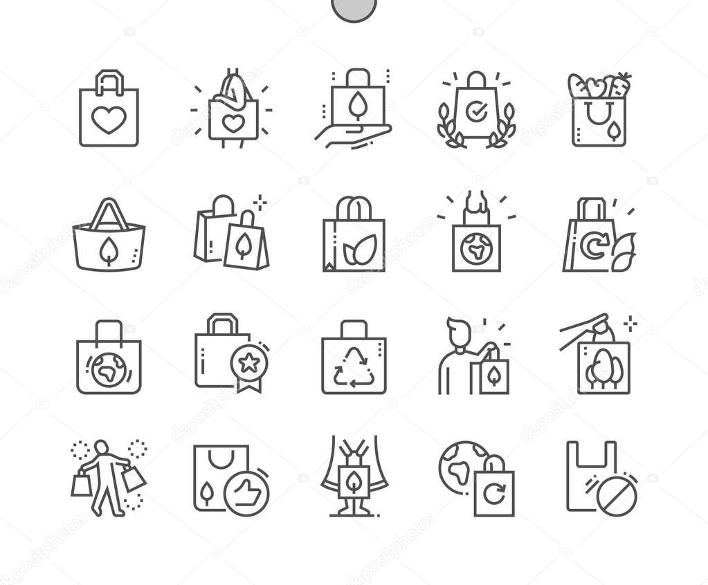 Eco bags. No plastic. Eco friendly. Recycling. Store and shopping. Pixel Perfect Vector Thin Line Icons. Simple Minimal Pictogram