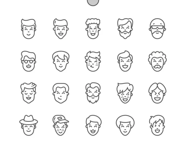 Set of young men faces. Male portrait avatar. Boy, man style. Pixel Perfect Vector Thin Line Icons. Simple Minimal Pictogram — Stock Vector