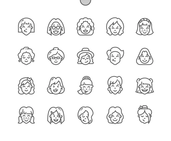 Des visages de jeunes femmes. Avatar de portrait féminin. Fille, style femme. Pixel Perfect Vector Thin Line Icônes. Pictogramme minimal simple — Image vectorielle