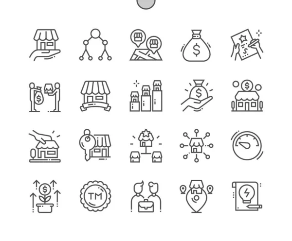 Franchise. Investition, Zentrale und Geschäftskonzept. Niederlassungen. Pixel Perfect Vector Thin Line Icons. Einfaches minimales Piktogramm — Stockvektor